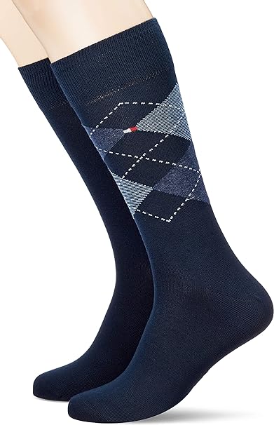 Tommy Hilfiger 2 Pack Mens Crew Checked Socks Navy