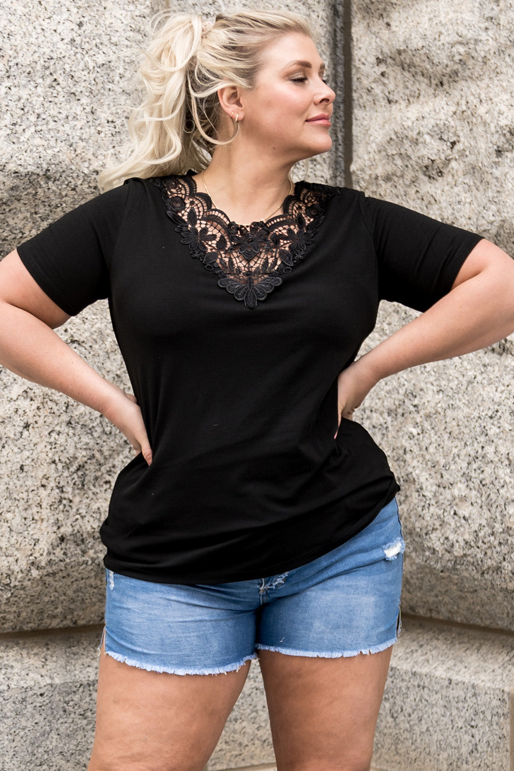 Black Plus Size Crochet Stitching Short Sleeve Top