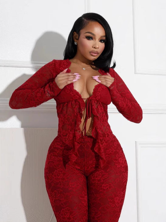 A two-piece set of women's sexy lace-up, hollowed-out cardigan, long-sleeved lace blouse and lace pants