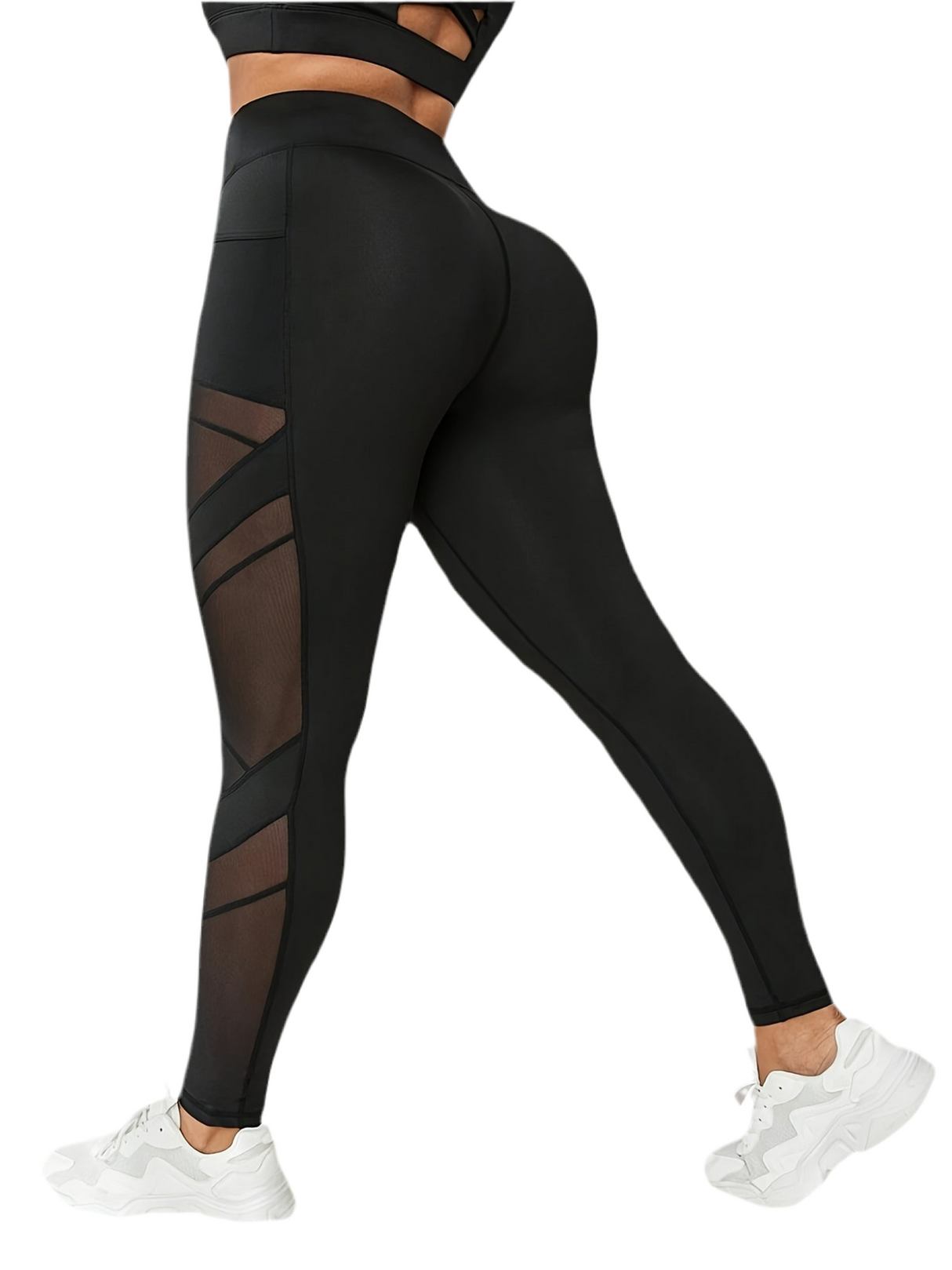 Plus Size Women's High-Waist Yoga Leggings with Mesh Panels - Stretchy & Breathable Polyester/Spandex Blend, Non-See-Through Leggings