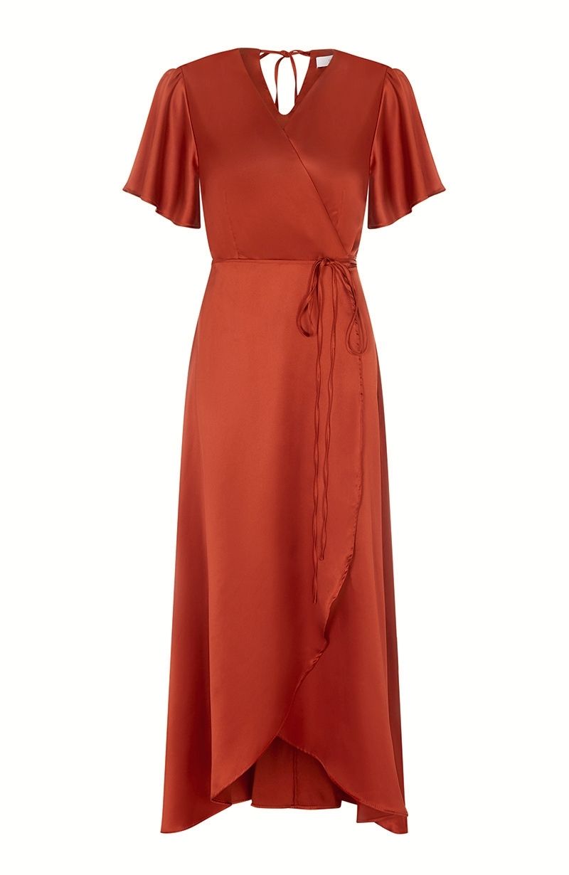 Florence Waterfall Dress in Burnt Orange Satin
