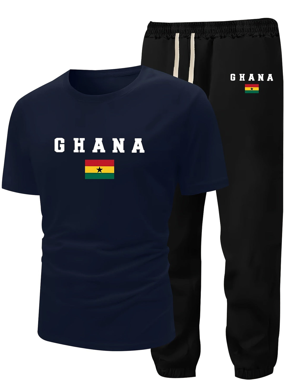 Men's Summer Casual Two-Piece Set, Men's Ghanian Print Short Sleeve T-Shirt with Comfortable Long Pants Fashion Outfit