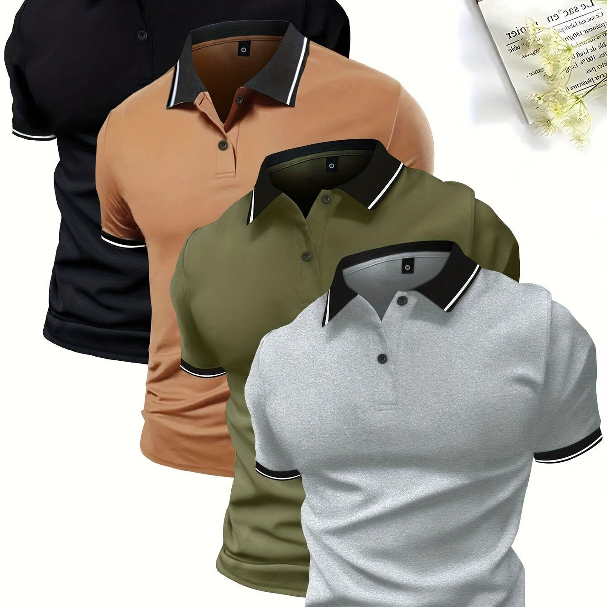 4-Pack Men's Summer Polo Shirts, Solid Color Short Sleeve, Regular Fit, Knit Stretch, Casual Sportswear Tops