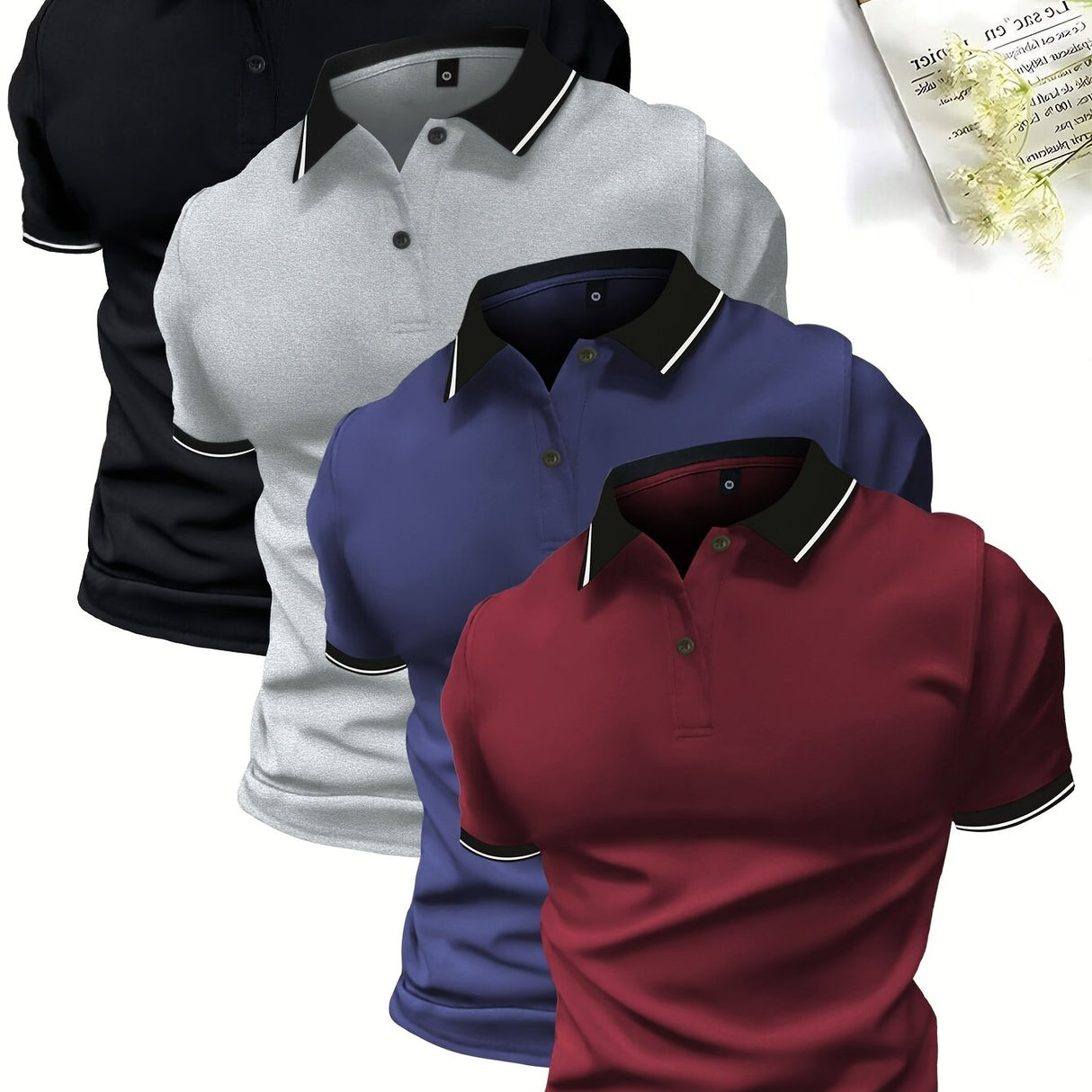 4-Pack Men's Summer Polo Shirts, Solid Color Short Sleeve, Regular Fit, Knit Stretch, Casual Sportswear Tops