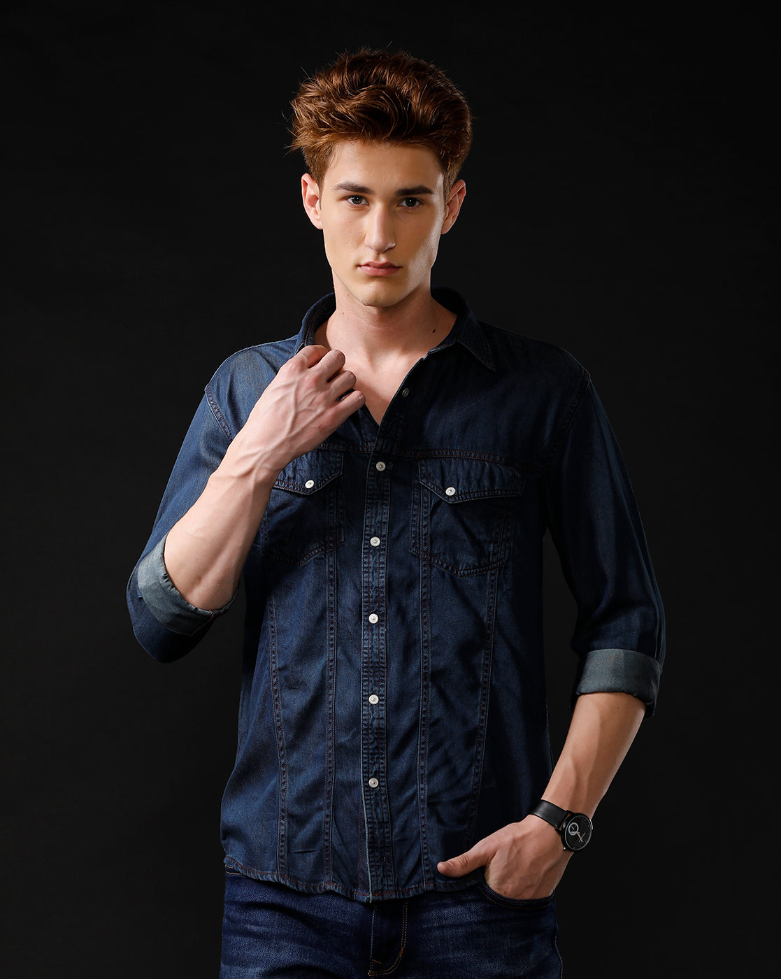 Men's Slim Fit Solid Denim Casual Shirt (APACE)