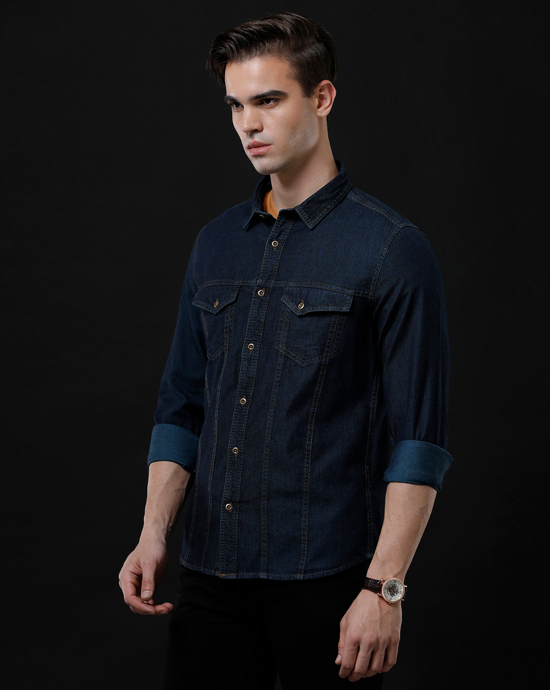 Men's Slim Fit Solid Denim Casual Shirt (AAKAL)