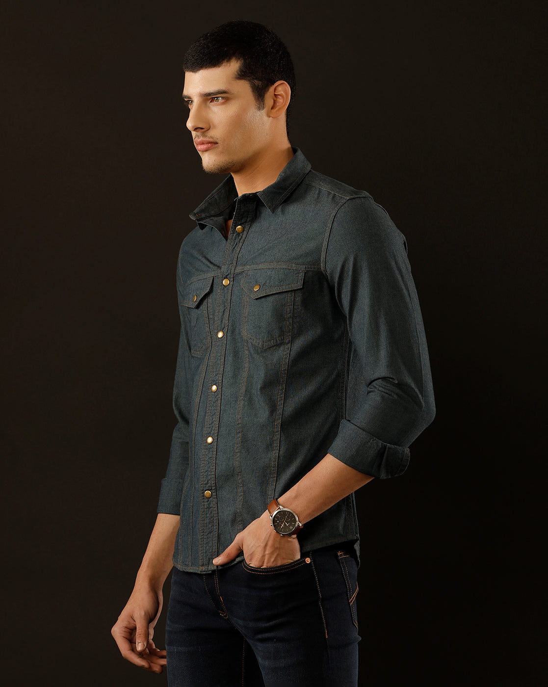 Men's Slim Fit Solid Denim Casual Shirt (AAKOL)