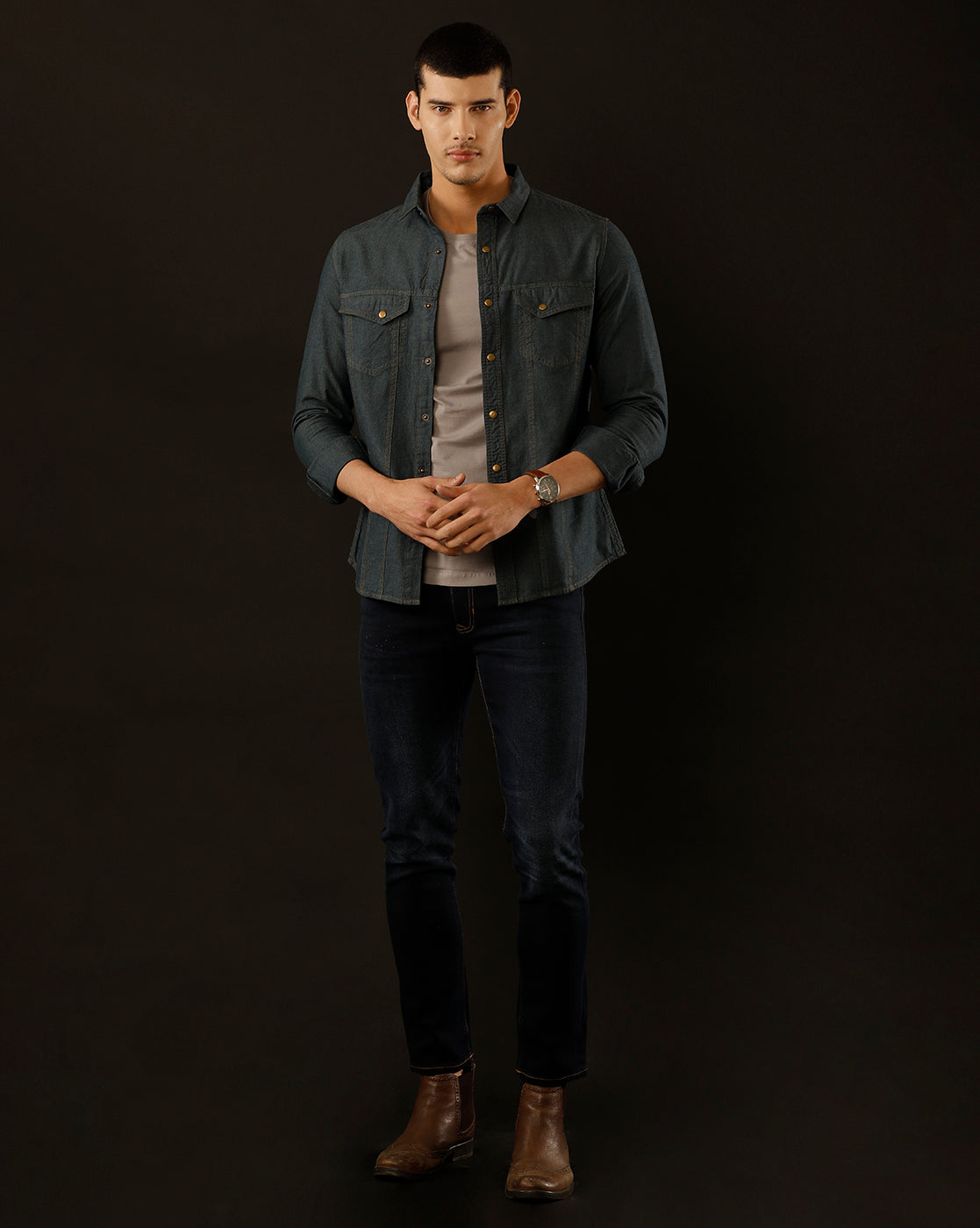 Men's Slim Fit Solid Denim Casual Shirt (AAKOL)