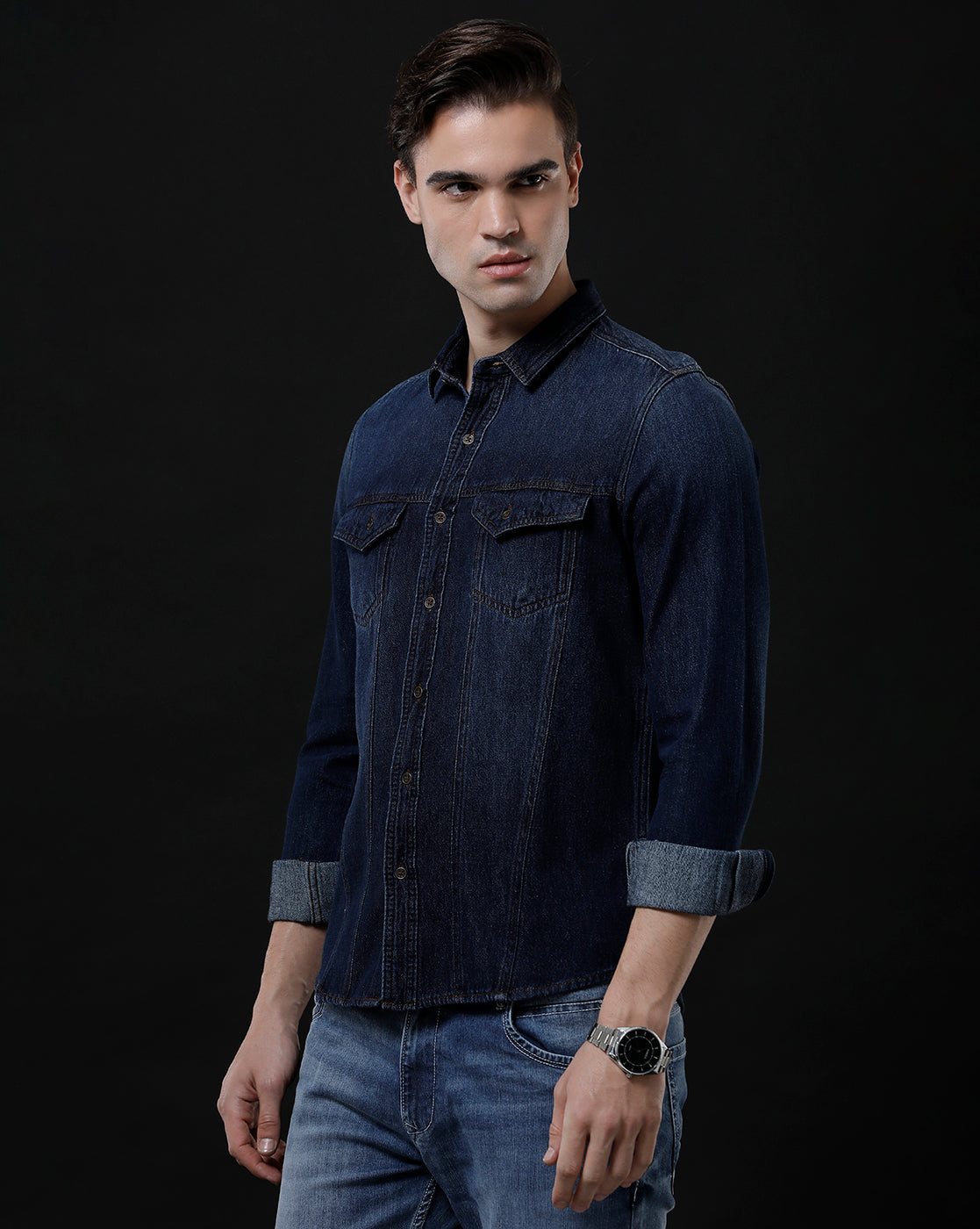 Men's Slim Fit Solid Denim Casual Shirt (AAMAL)