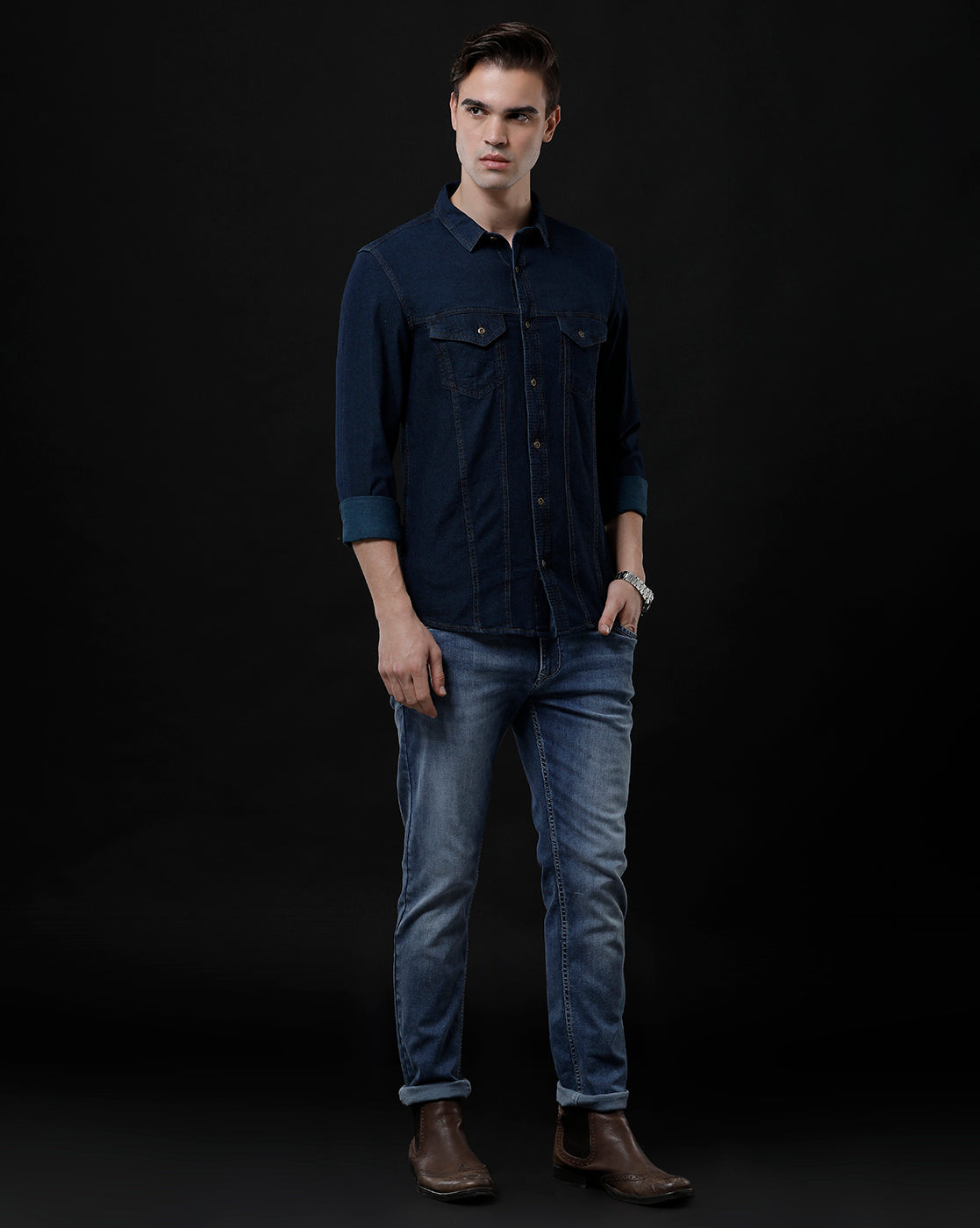 Men's Slim Fit Solid Denim Casual Shirt (AARAL)