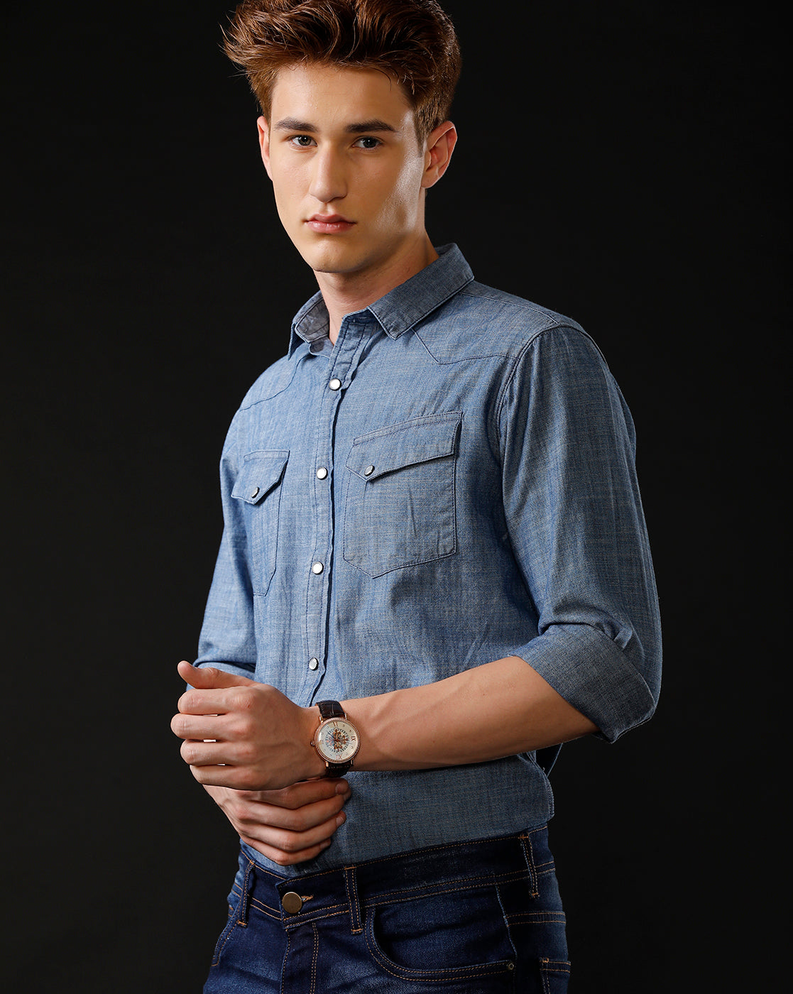 Men's Slim Fit Solid Denim Casual Shirt (ANOUR)