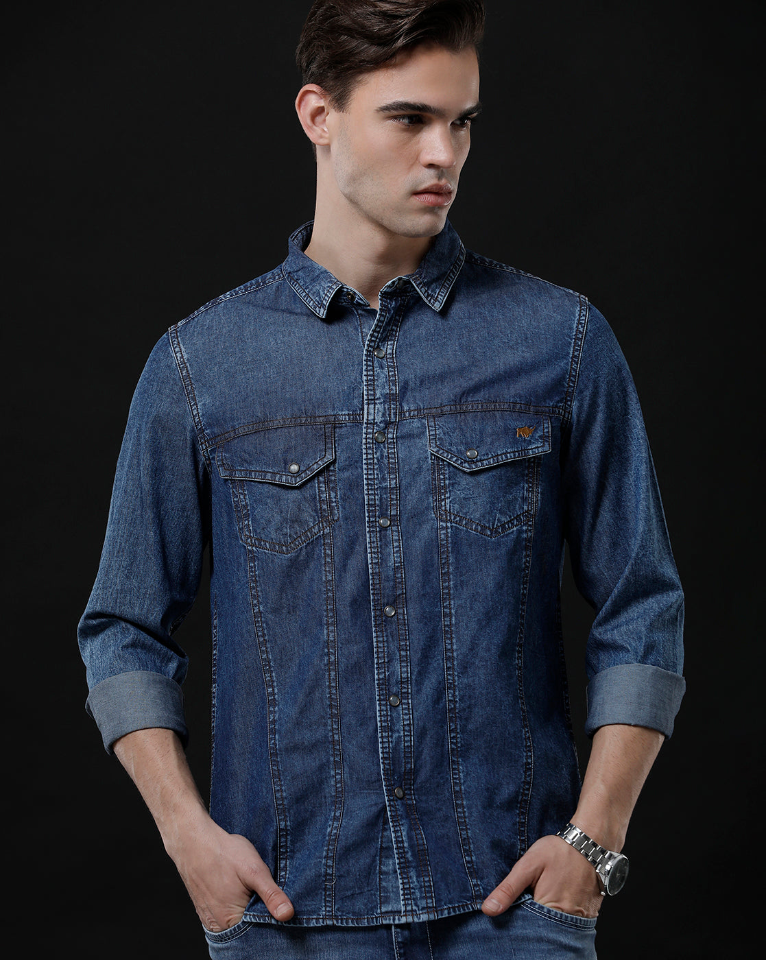 Men's Slim Fit Solid Denim Casual Shirt (AMPTY)