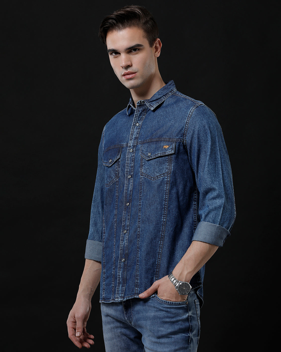 Men's Slim Fit Solid Denim Casual Shirt (AMPTY)
