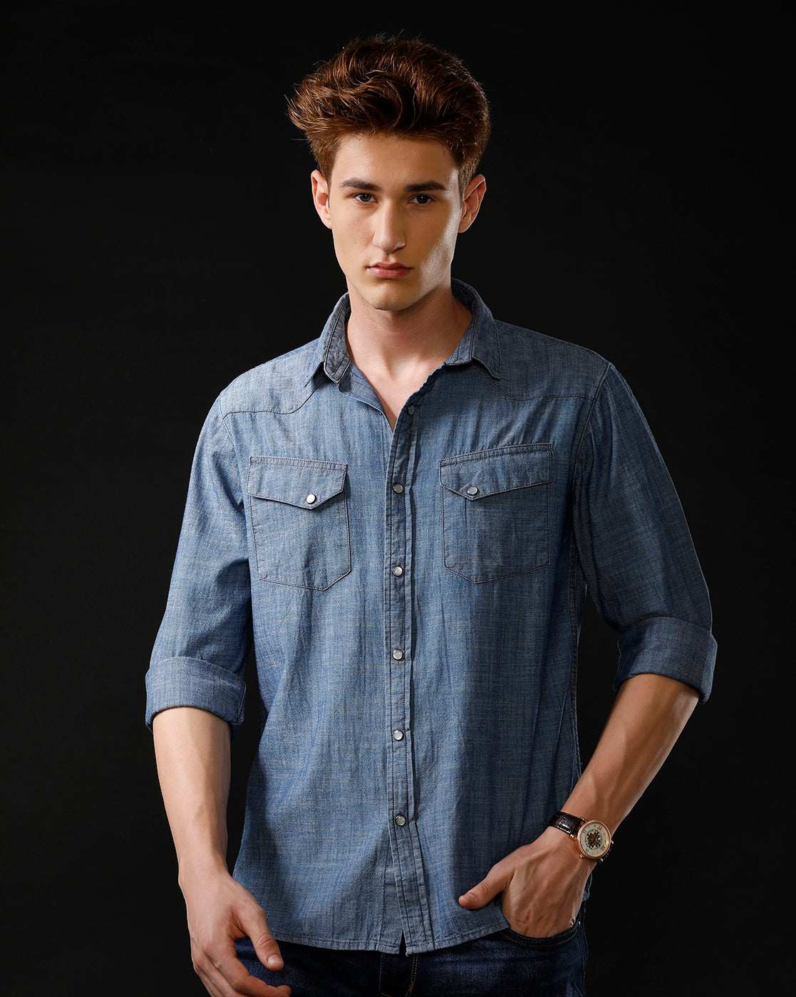 Men's Slim Fit Solid Denim Casual Shirt (ANDES)