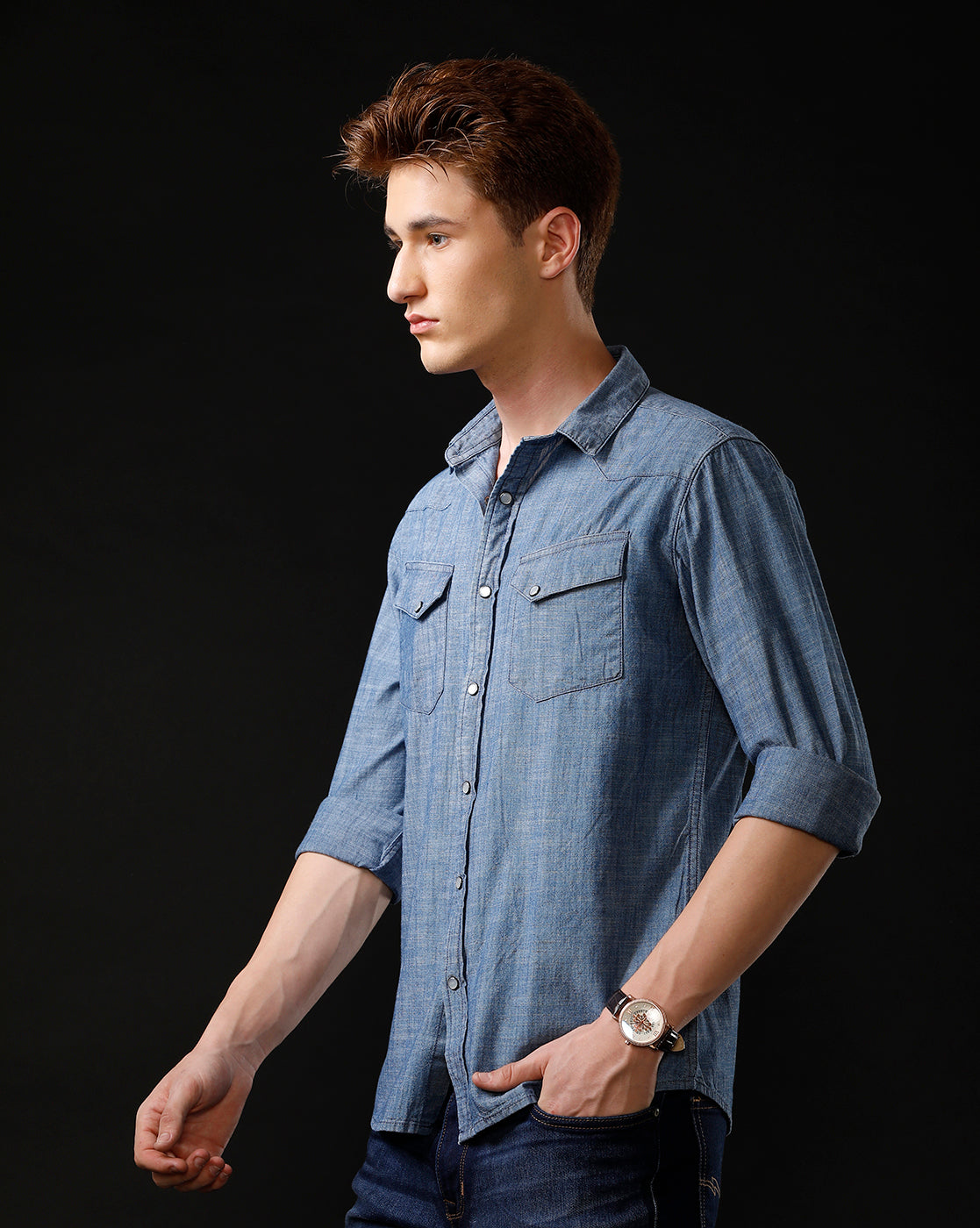 Men's Slim Fit Solid Denim Casual Shirt (ANDES)