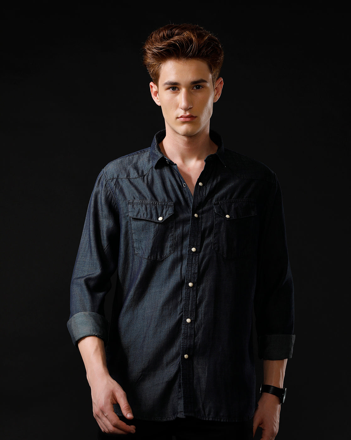 Men's Slim Fit Solid Denim Casual Shirt (ANGLO)