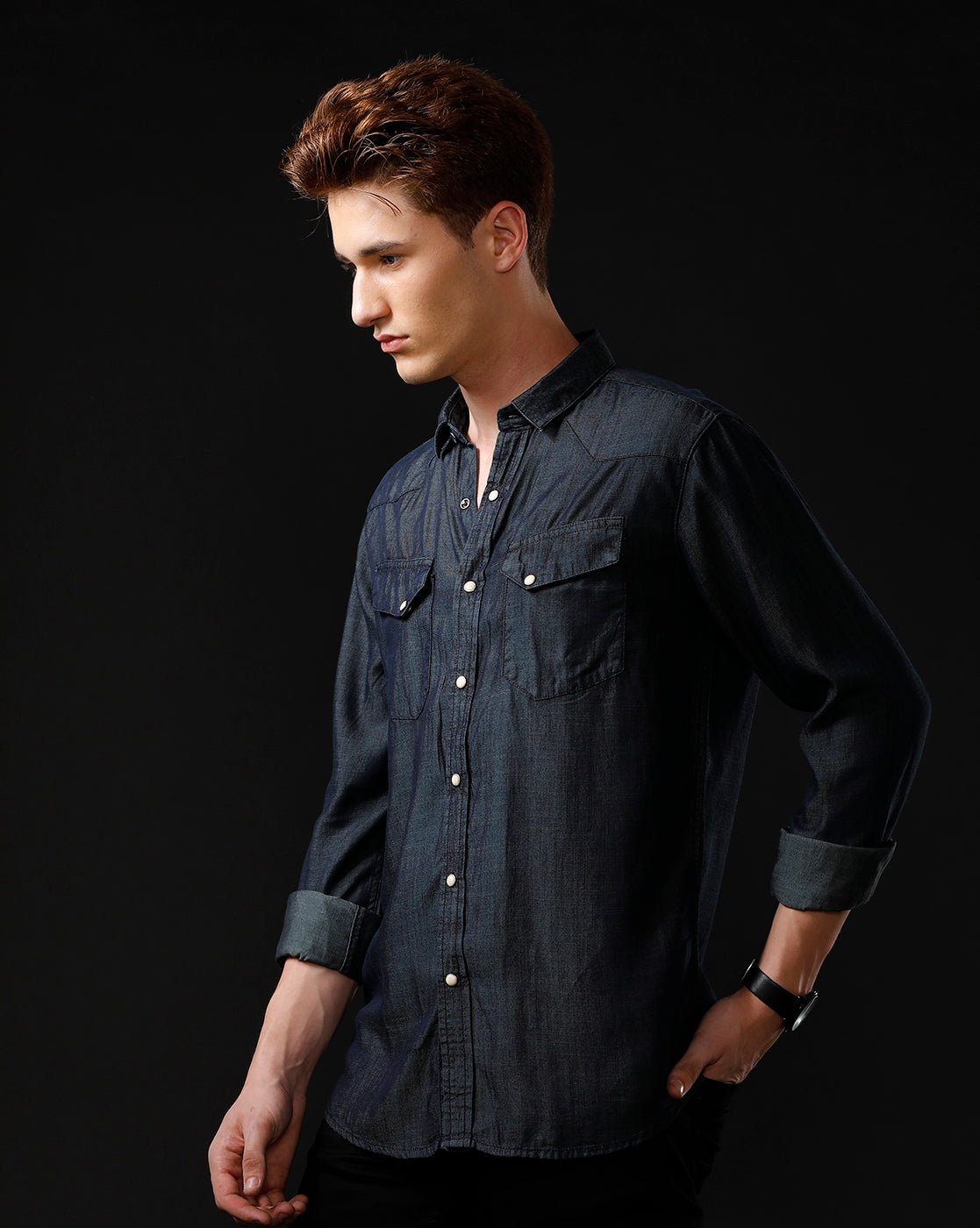 Men's Slim Fit Solid Denim Casual Shirt (ANGLO)
