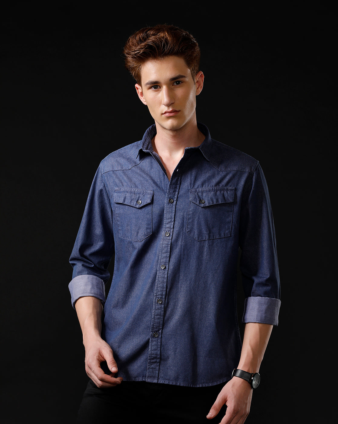 Men's Slim Fit Solid Denim Casual Shirt (ANIME)