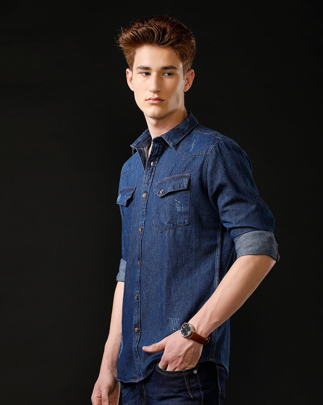 Men's Slim Fit Solid Denim Casual Shirt (ANKUS)