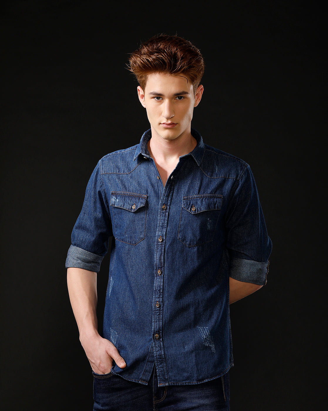 Men's Slim Fit Solid Denim Casual Shirt (ANKUS)