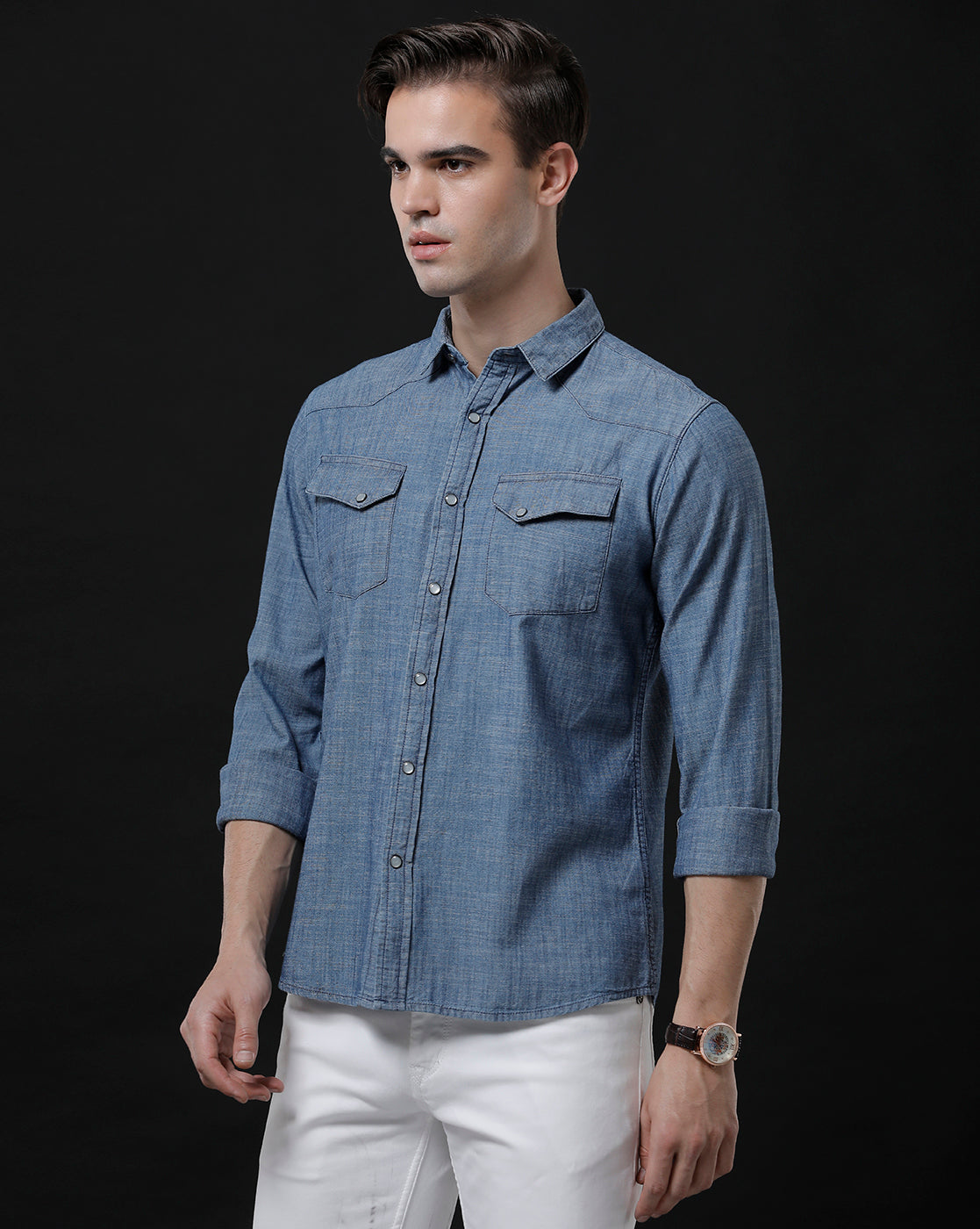 Men's Slim Fit Solid Denim Casual Shirt (ANOUR)