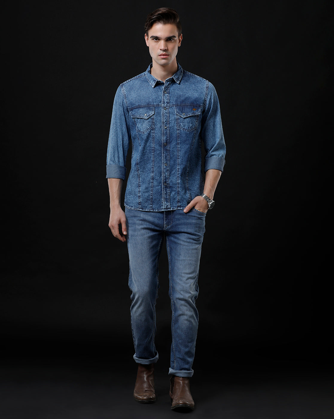 Men's Slim Fit Solid Denim Casual Shirt (APLIT)