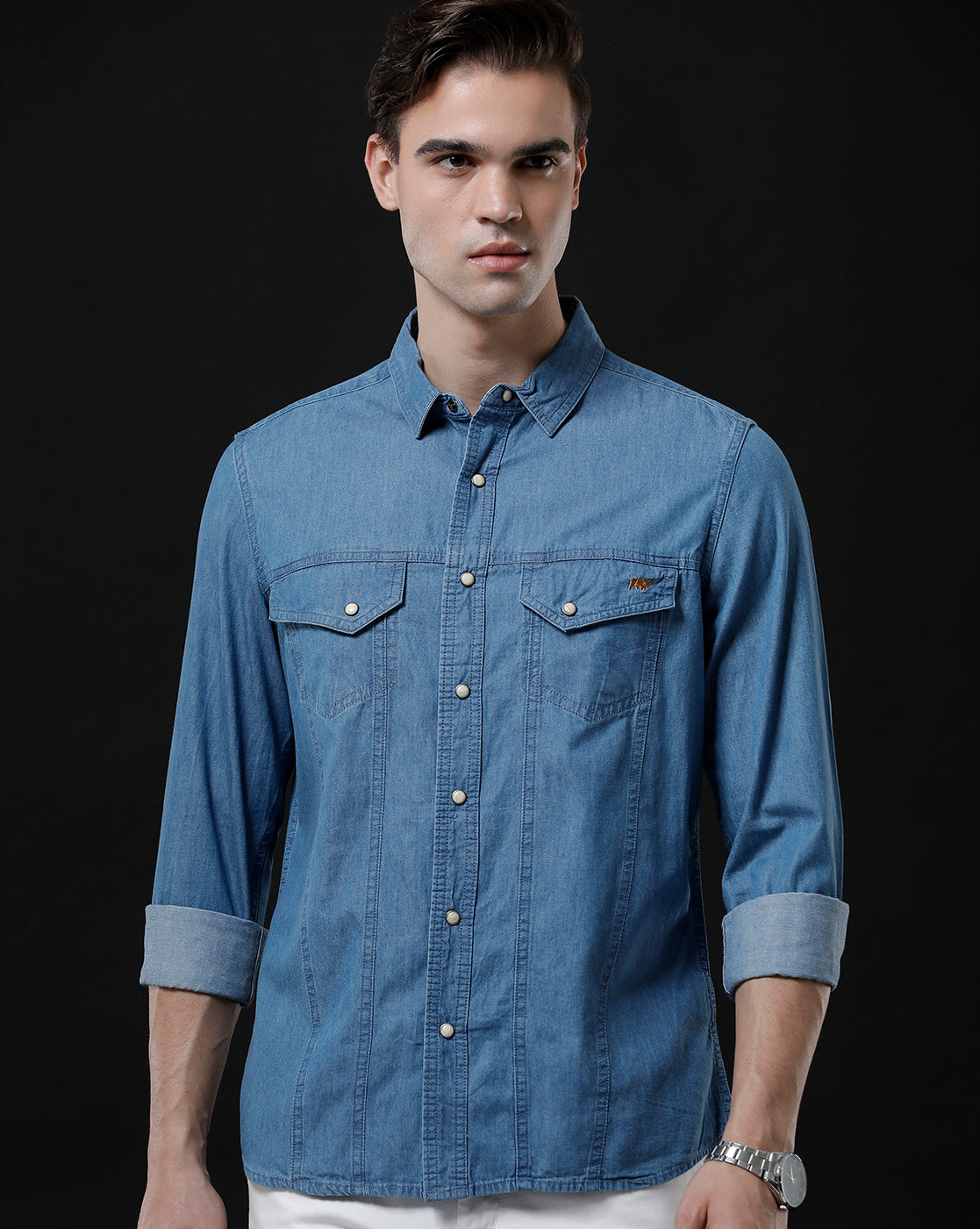 Men's Slim Fit Solid Denim Casual Shirt (APOKE)