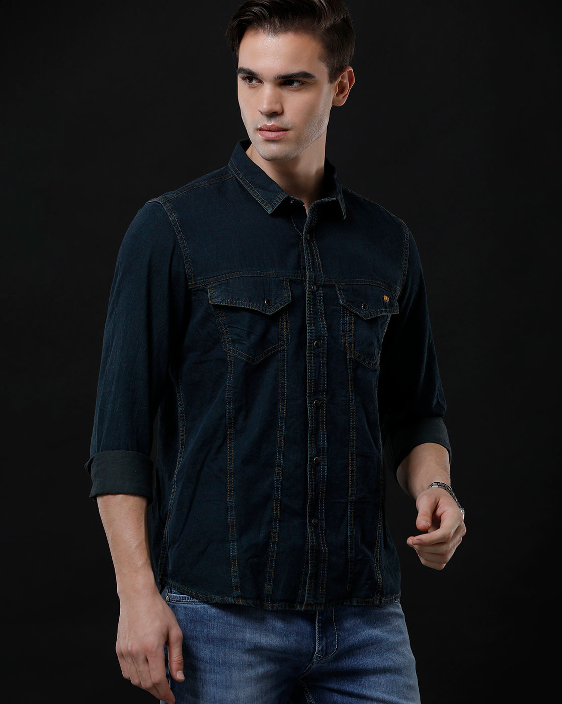 Men's Slim Fit Solid Denim Casual Shirt (APSOM)
