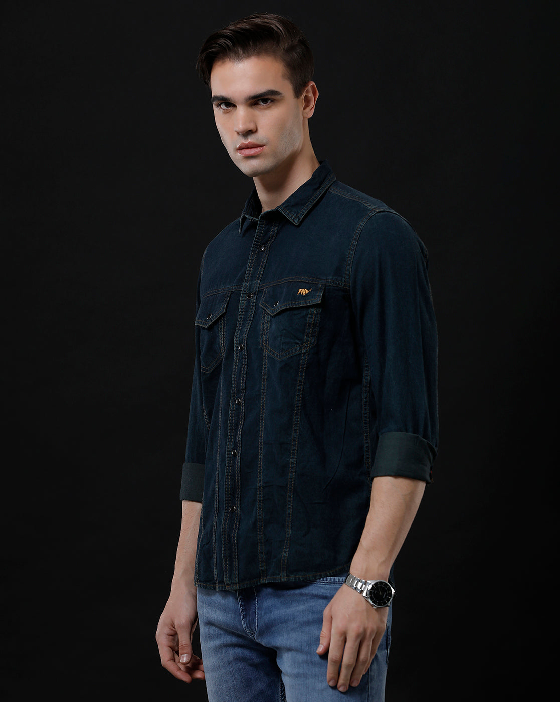 Men's Slim Fit Solid Denim Casual Shirt (APSOM)