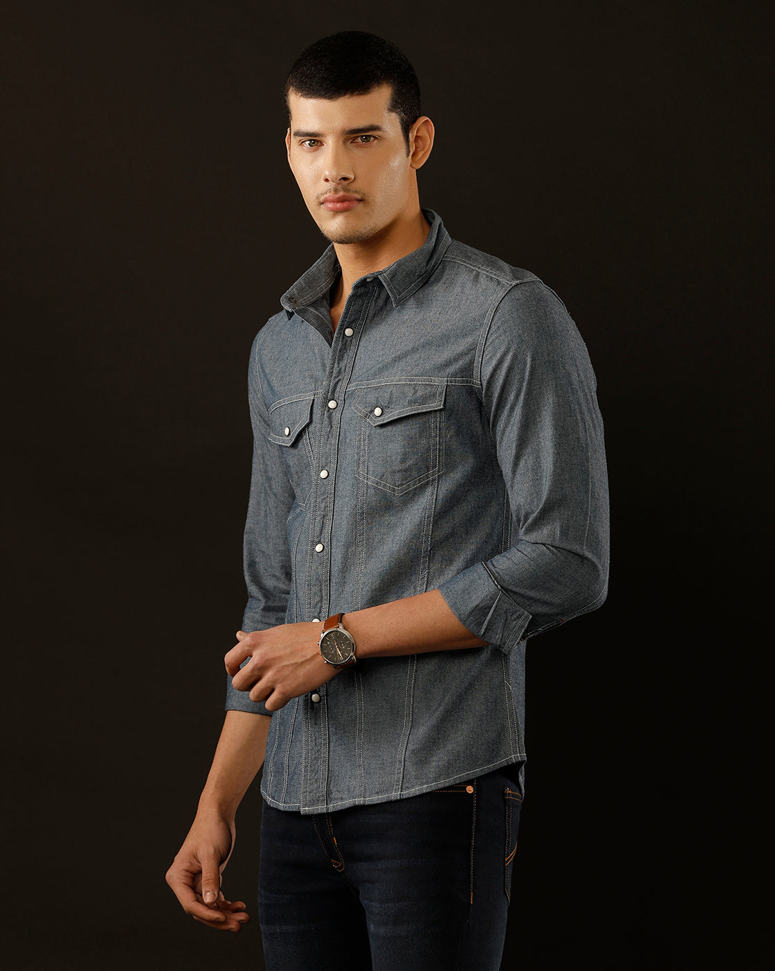 Men's Slim Fit Solid Denim Casual Shirt (ASMAT)