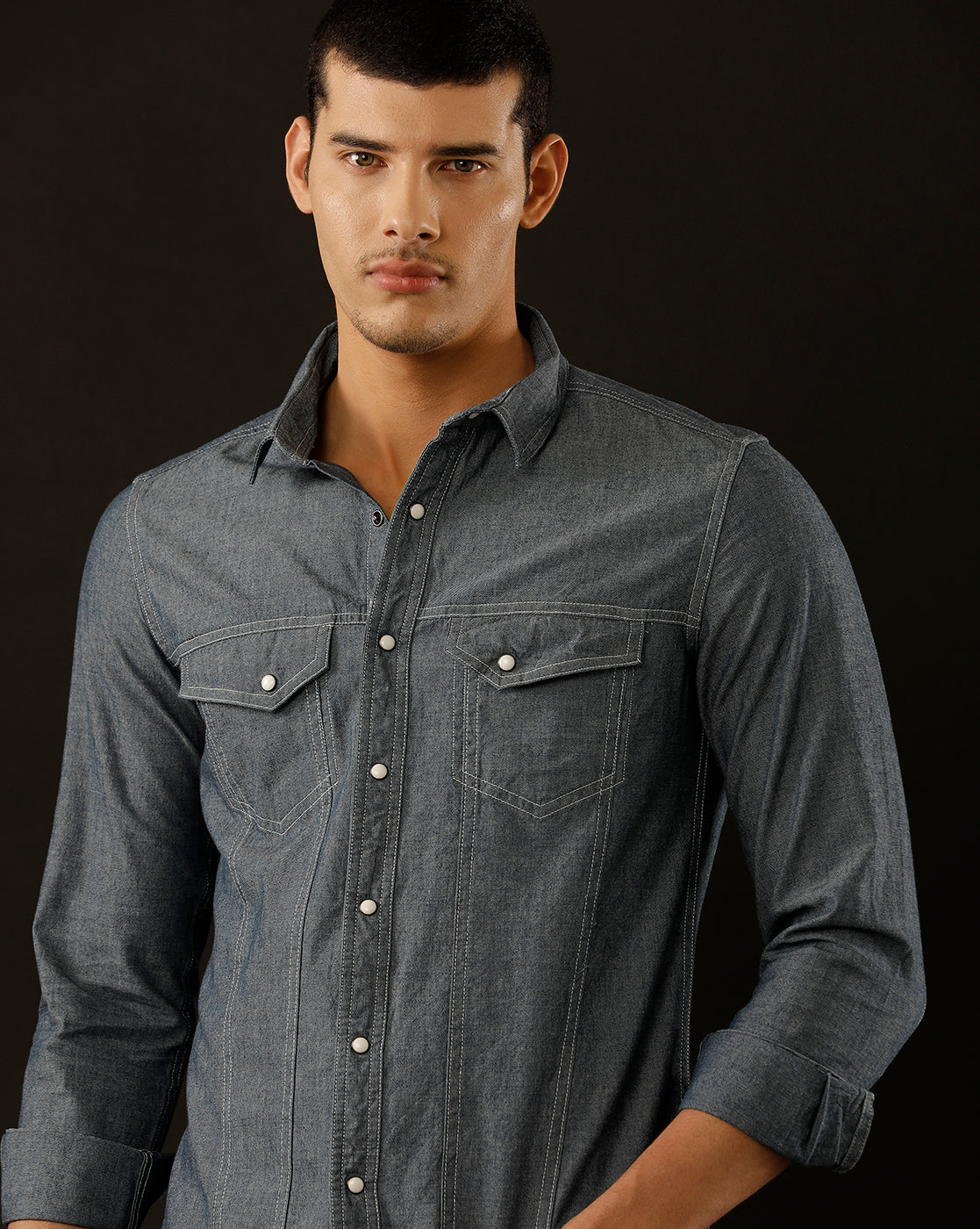 Men's Slim Fit Solid Denim Casual Shirt (ASMAT)