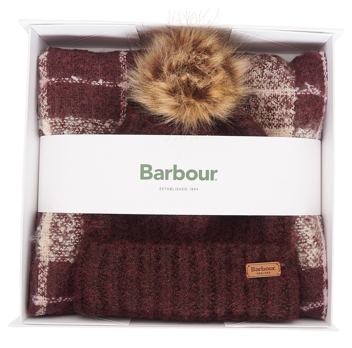 Barbour SALTBURN BEANIE AND TARTAN SCARF Gift Set Womens Cabernet