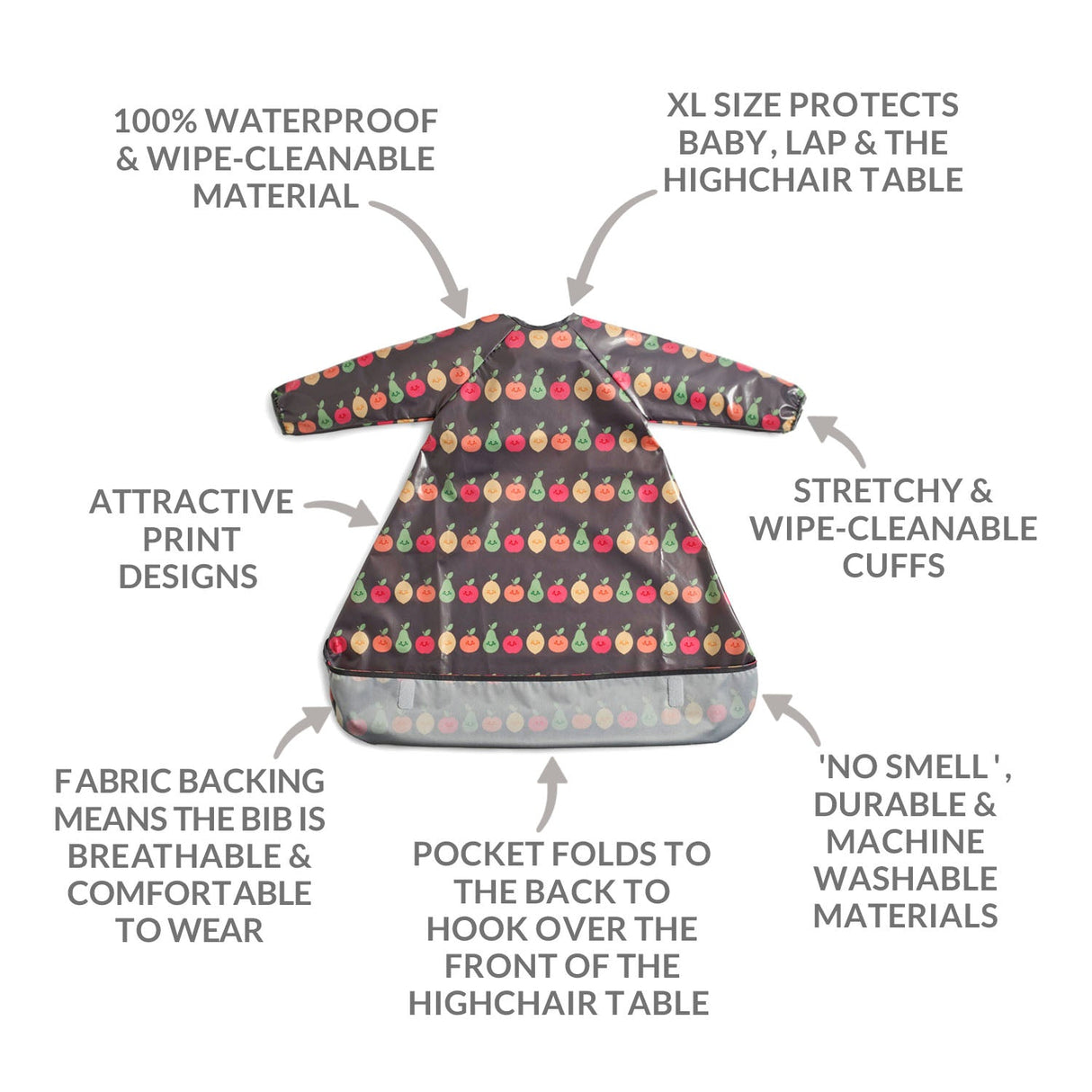 Wipeezee Coverall Bib - Grey Happy Fruit