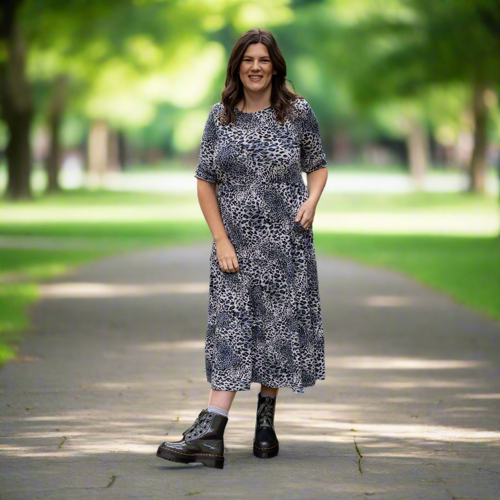 The Midi Breastfeeding Dress - Grey Leopard Cotton