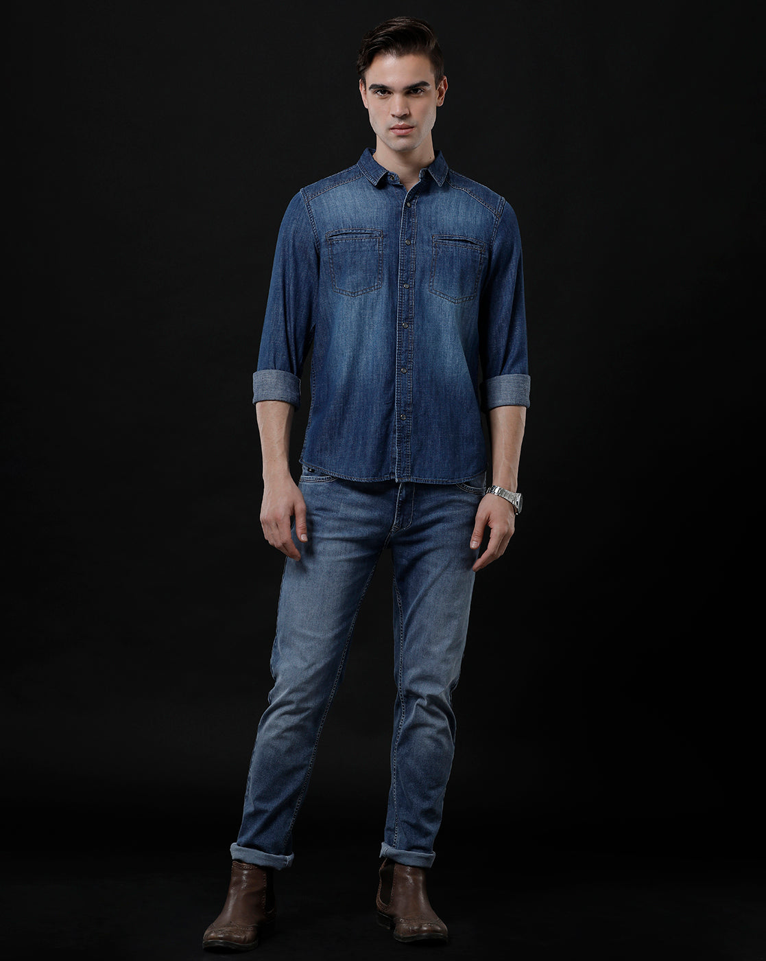 Men's Slim Fit Solid Denim Casual Shirt (DRIVE)