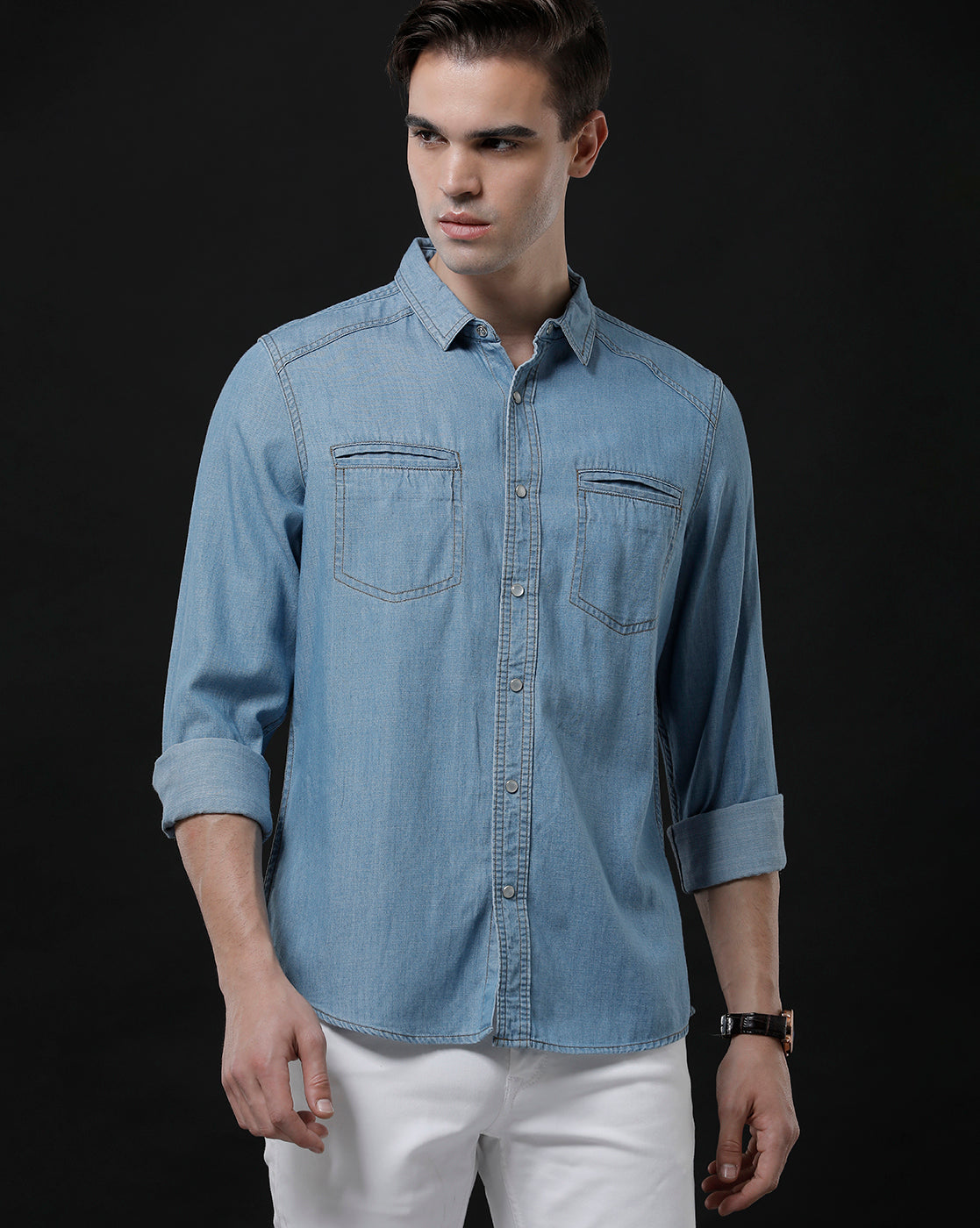 Men's Slim Fit Solid Denim Casual Shirt (DRIZE)
