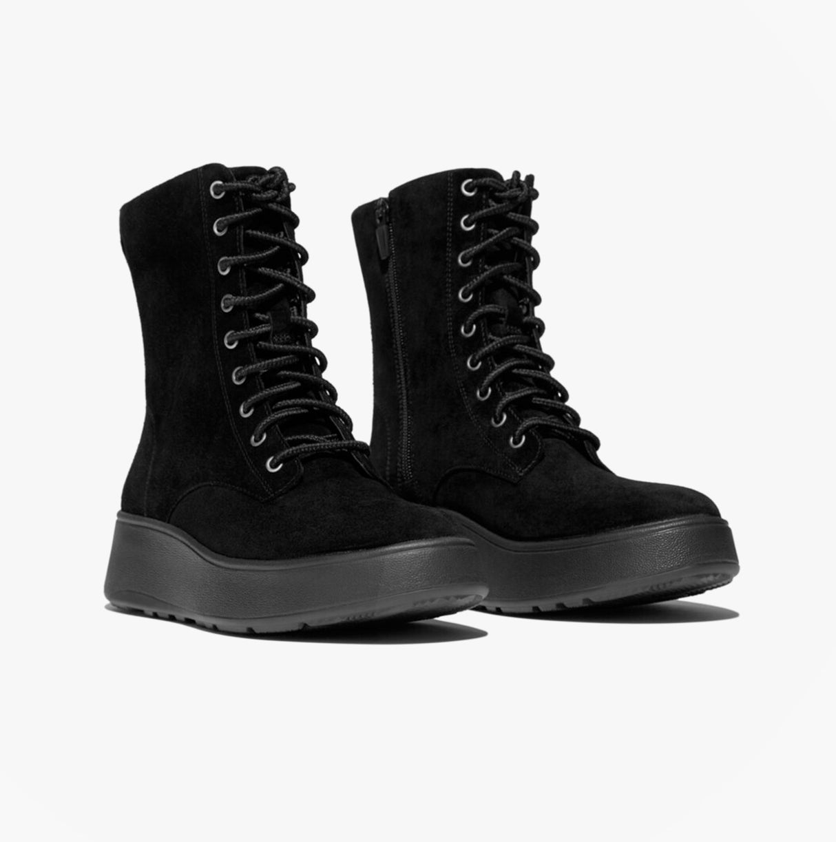 FitFlop F-MODE SUEDE LACE-UP FLATFORM Ladies Ankle Boots All Black