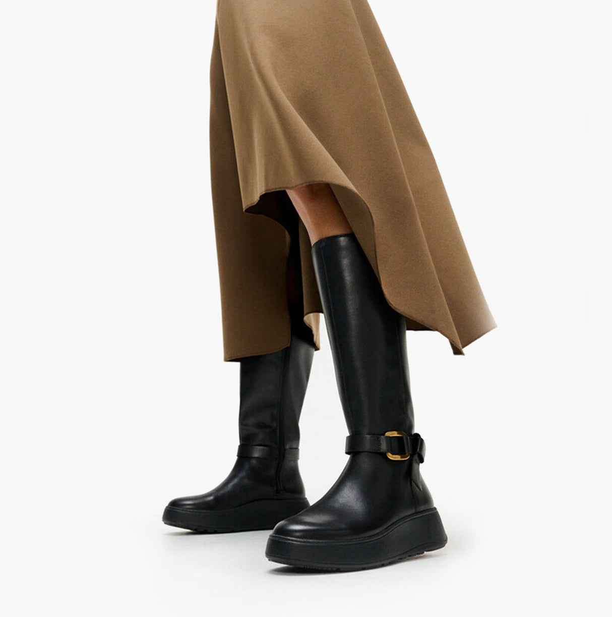 FitFlop F-MODE SQUARE-RING LEATHER FLATFORM Ladies Tall Boots Blac