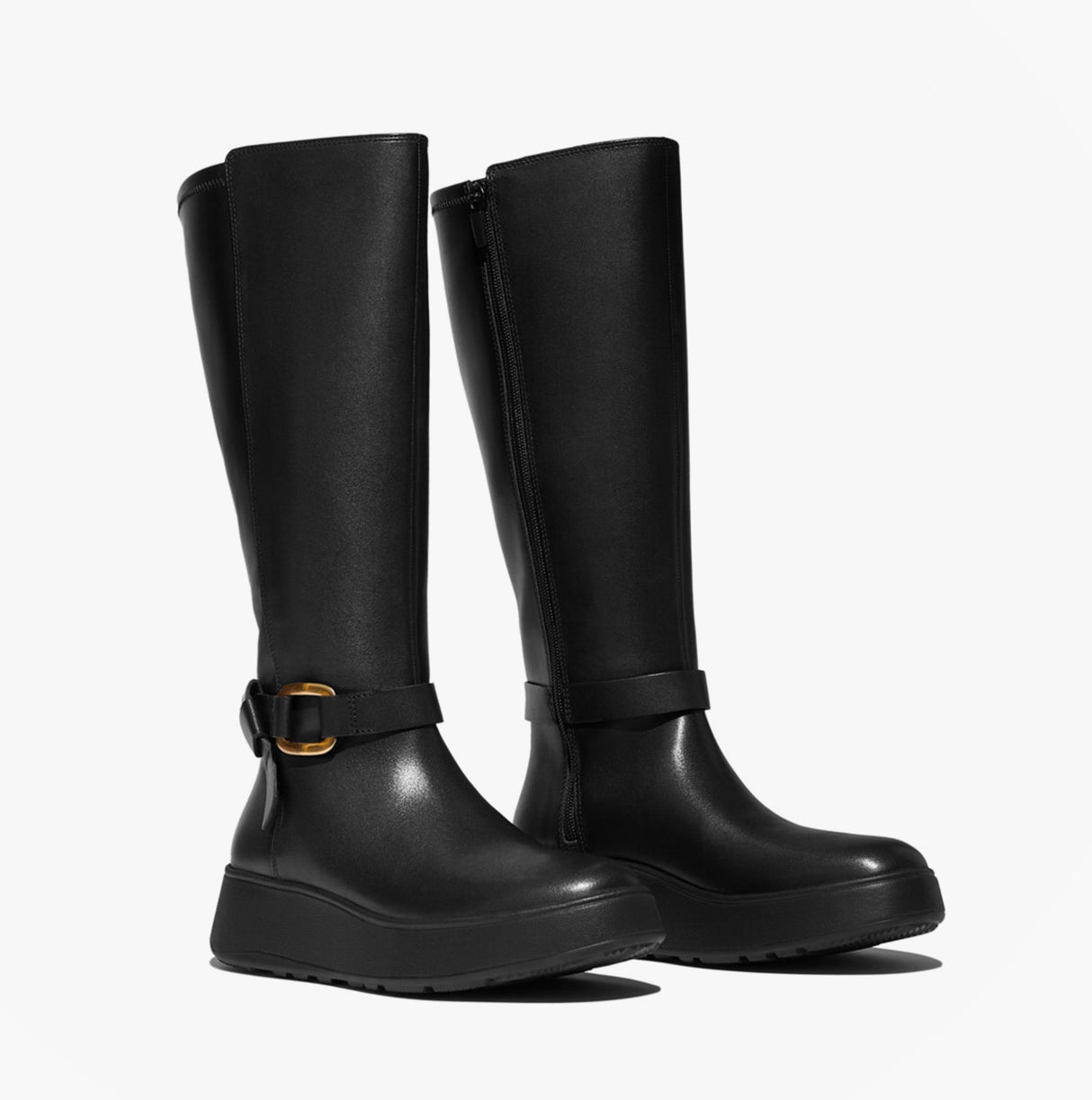 FitFlop F-MODE SQUARE-RING LEATHER FLATFORM Ladies Tall Boots Blac