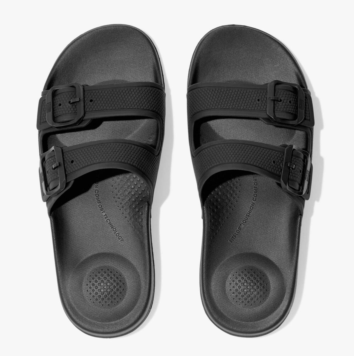 FitFlop IQUSHION TWO-BAR BUCKLE Womens Slides All Black