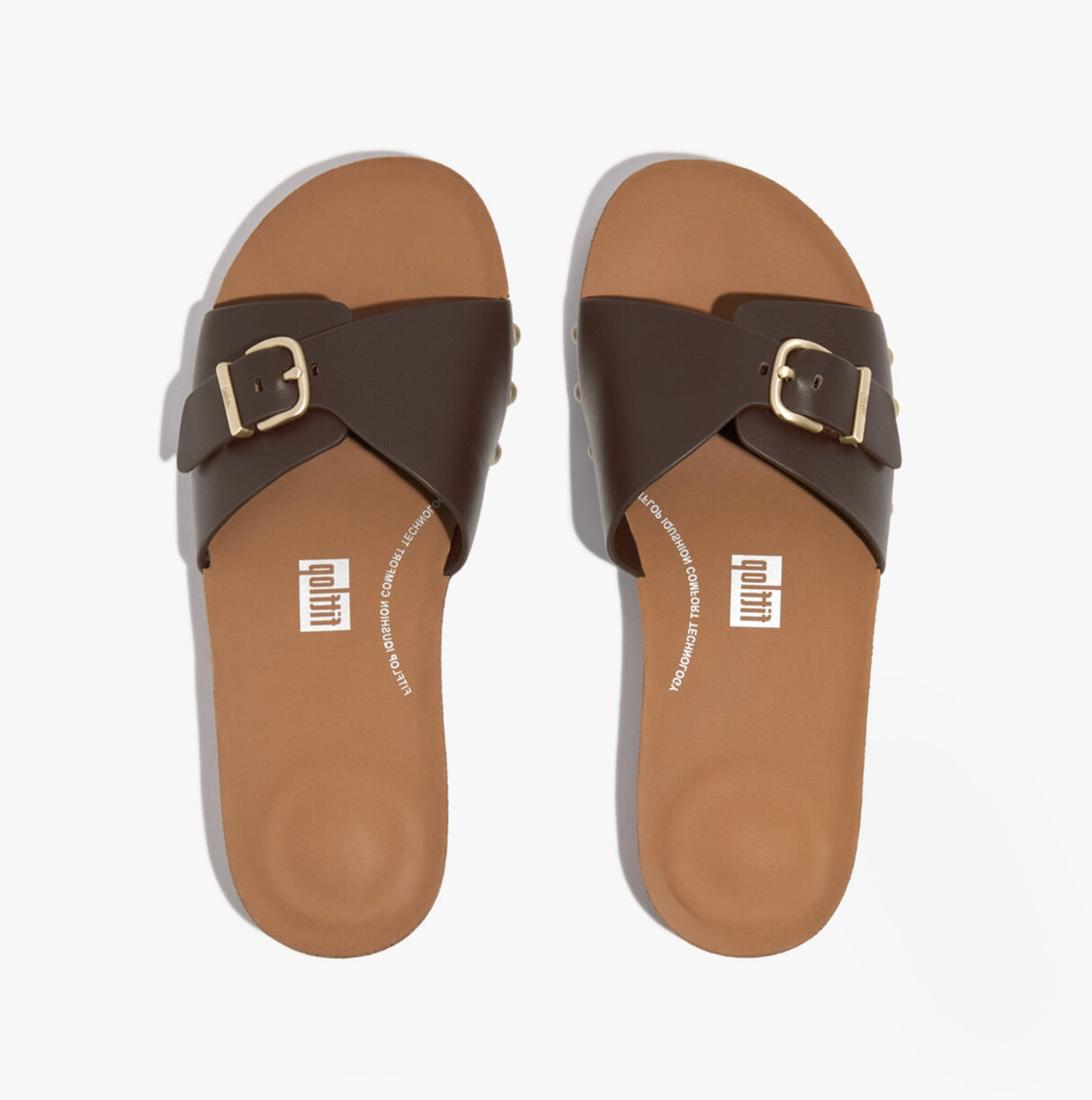 FitFlop iQUSHION ADJUSTABLE BUCKLE LEATHER Womens Slides Chocolate Brown