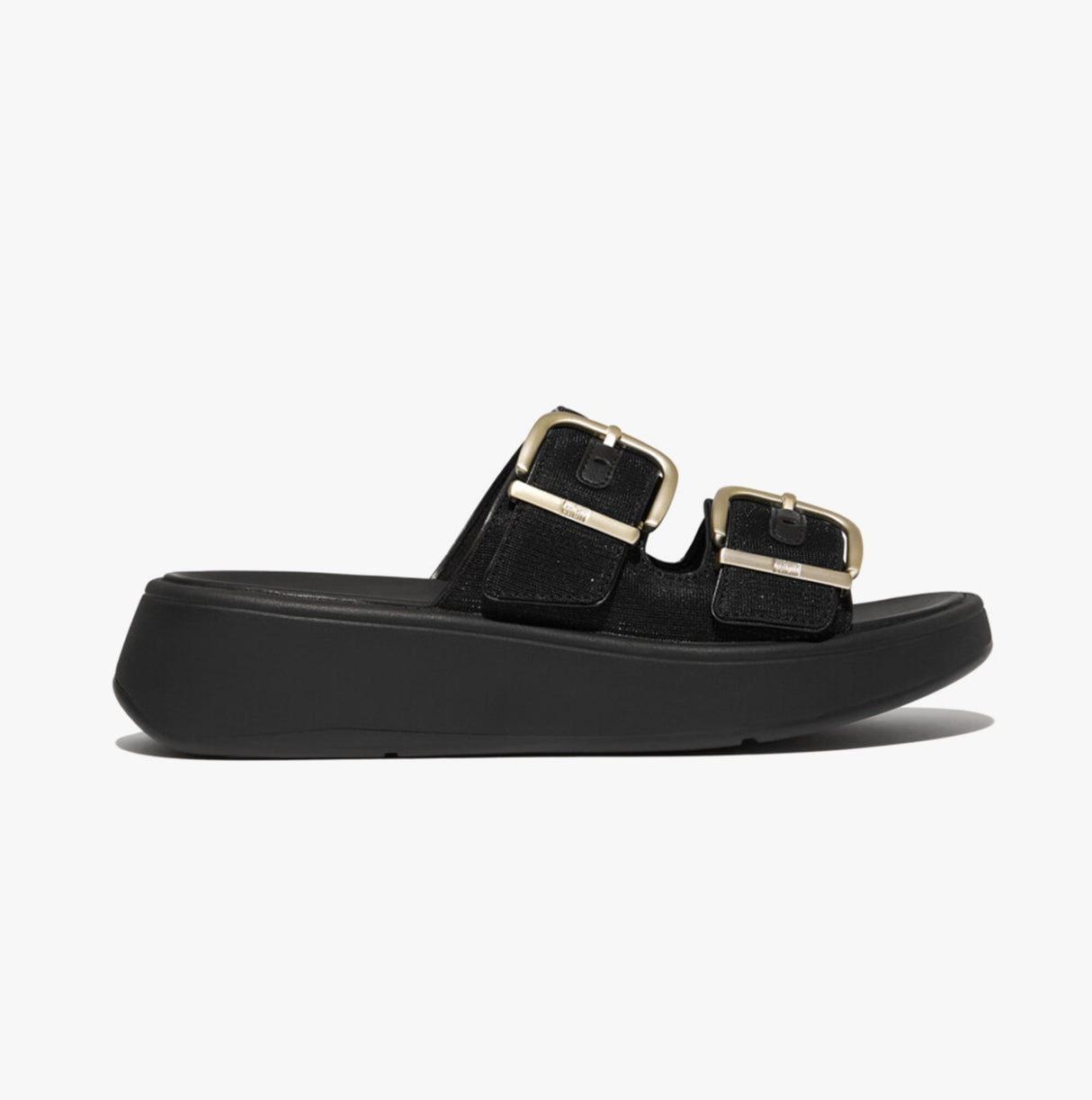 FitFlop F-MODE BUCKLE SHIMMERLUX FLATFORM TWO-BAR Womens Slides Black