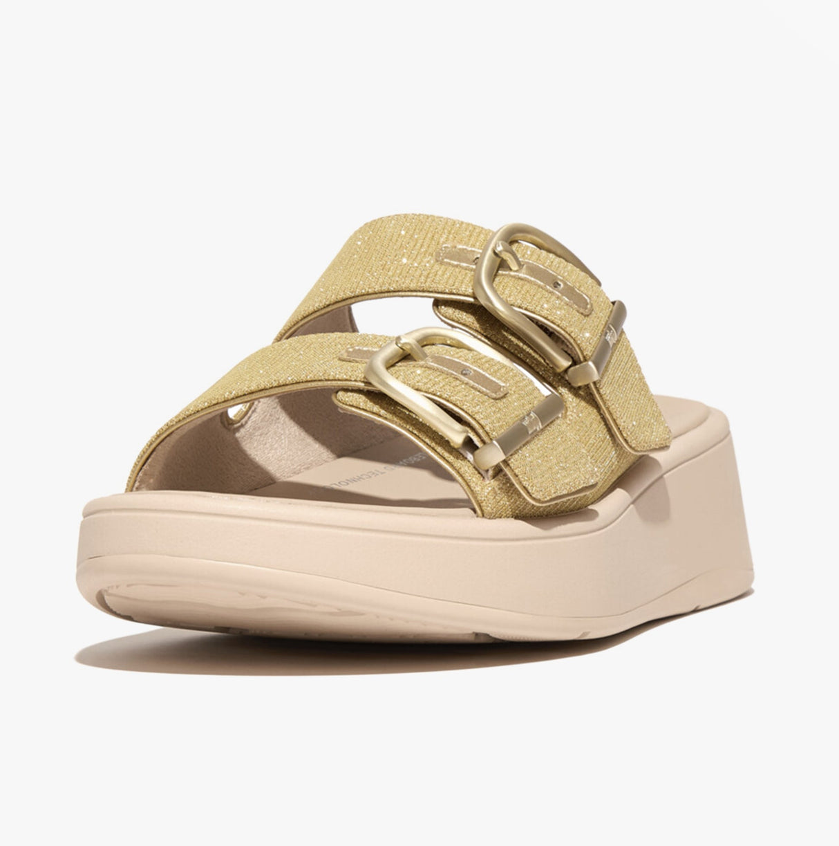 FitFlop F-MODE BUCKLE SHIMMERLUX FLATFORM TWO-BAR Womens Slides Platino
