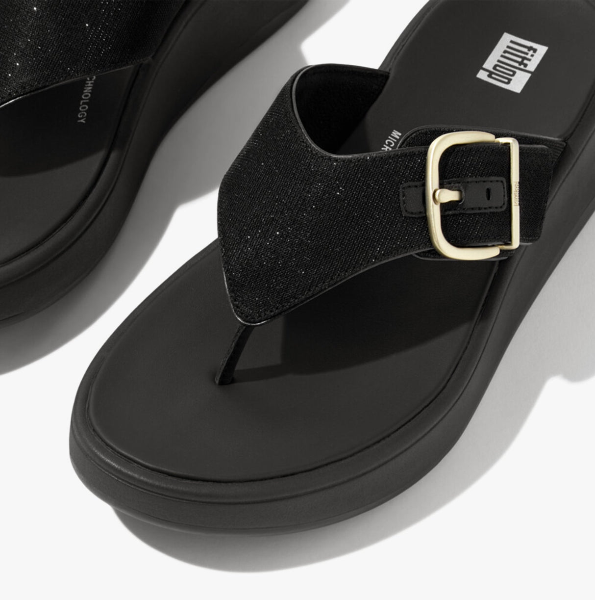 FitFlop F-MODE BUCKLE SHIMMERLUX FLATFORM Womens Toe Post Black