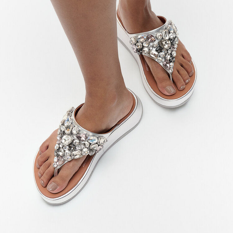 FitFlop F-MODE JEWEL-DELUXE Womens Toe Post Sandals Silver