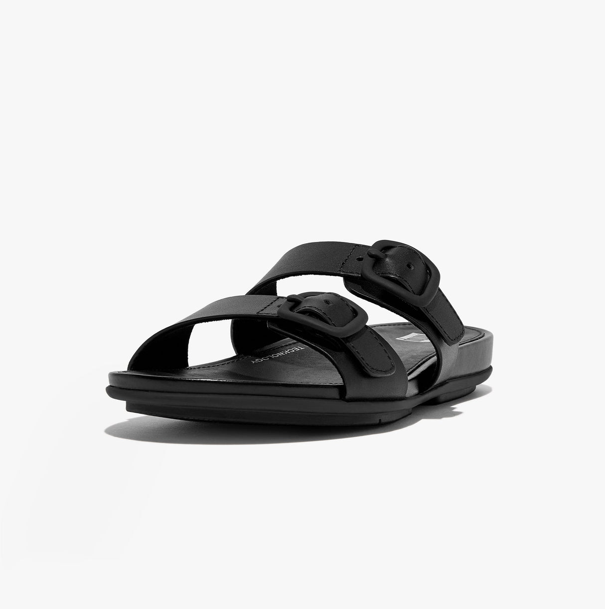 FitFlop GRACIE Womens Rubber-Buckle Leather Two-Bar Sliders All Black
