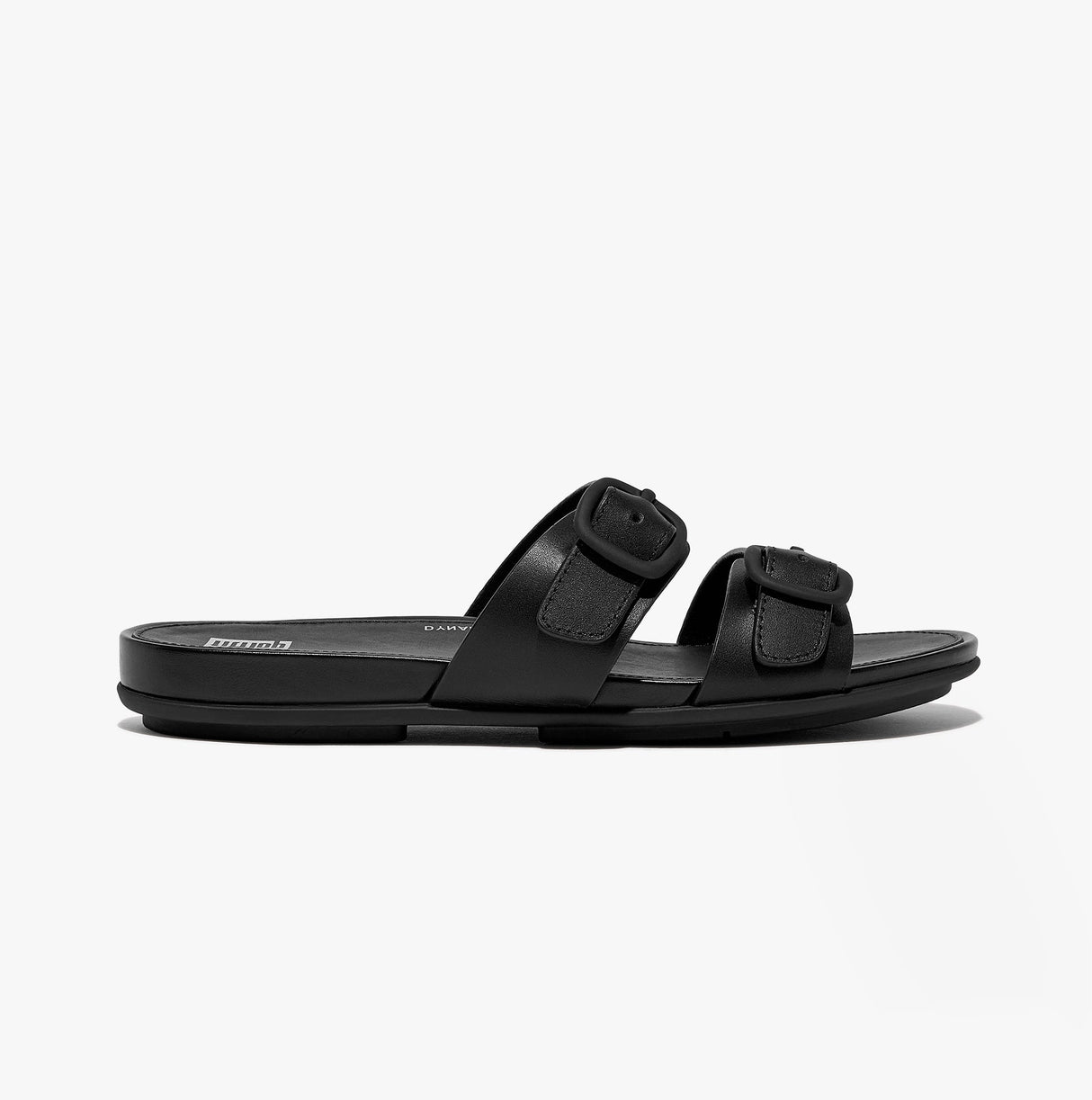 FitFlop GRACIE Womens Rubber-Buckle Leather Two-Bar Sliders All Black