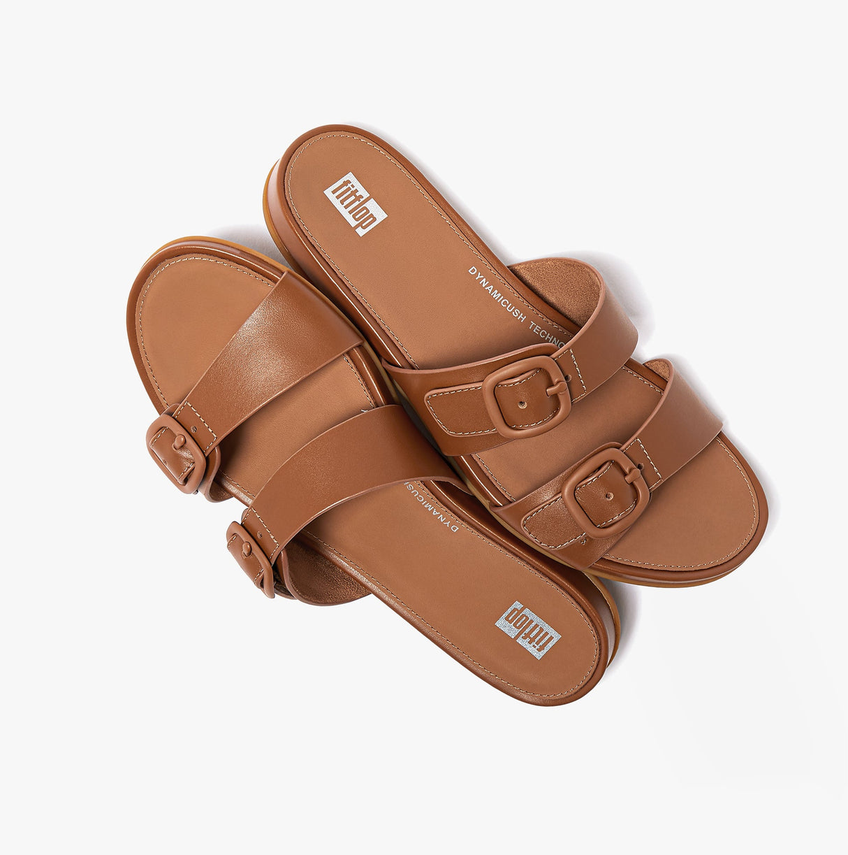 FitFlop GRACIE Womens Rubber-Buckle Leather Two-Bar Sliders Light Tan