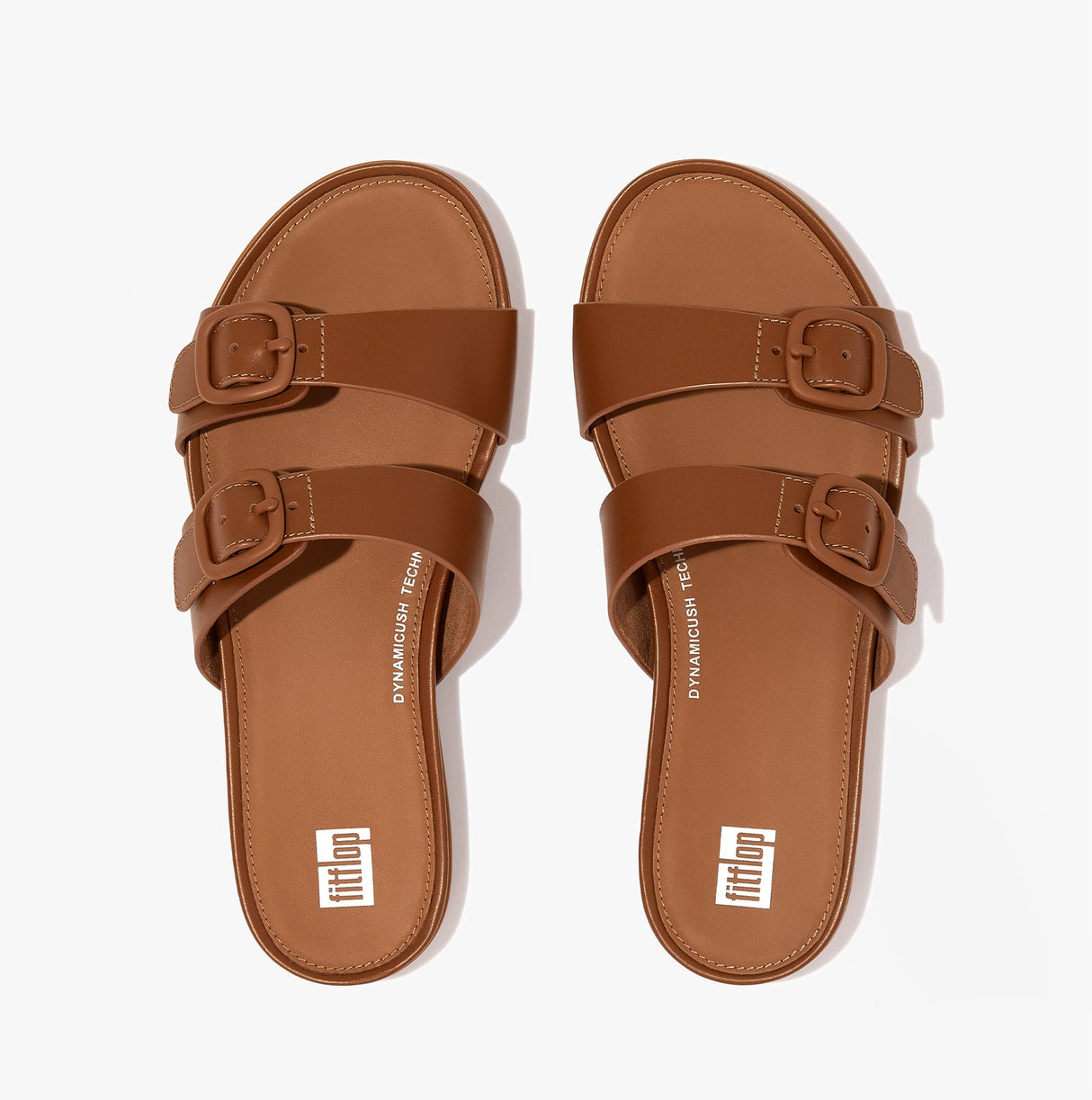 FitFlop GRACIE Womens Rubber-Buckle Leather Two-Bar Sliders Light Tan