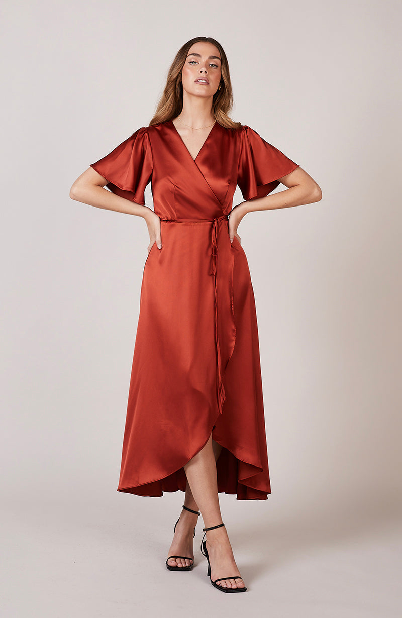 Florence Waterfall Dress in Burnt Orange Satin